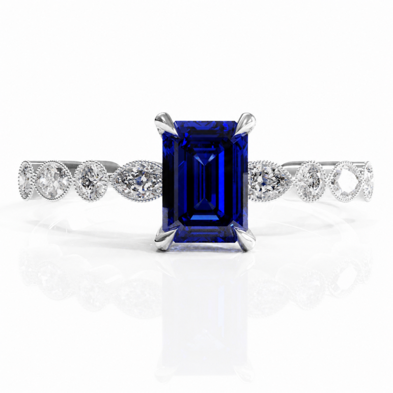 Emerald Cut Lab Grown Sapphire Hidden Halo Side Stone Engagement Ring - Image 3
