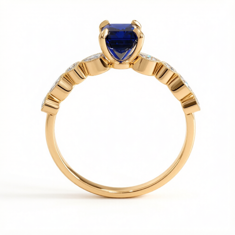 Emerald Cut Lab Grown Sapphire Hidden Halo Side Stone Engagement Ring - Image 4
