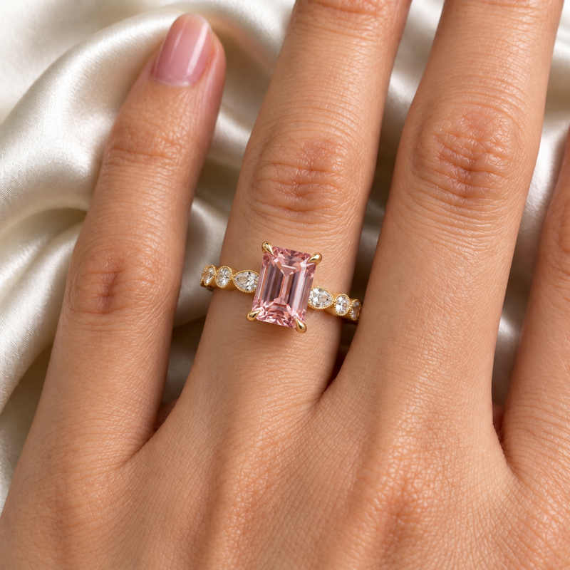 Emerald Cut Lab Grown Morganite Hidden Halo Side Stone Engagement Ring - Image 5