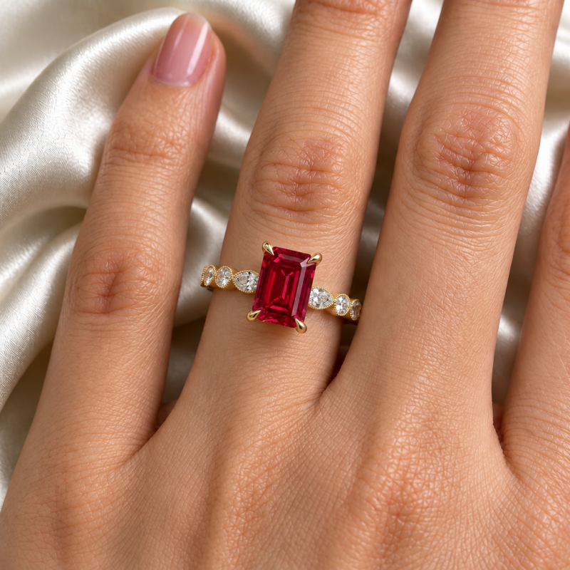 Emerald Cut Lab Grown Ruby Hidden Halo Side Stone Engagement Ring - Image 5