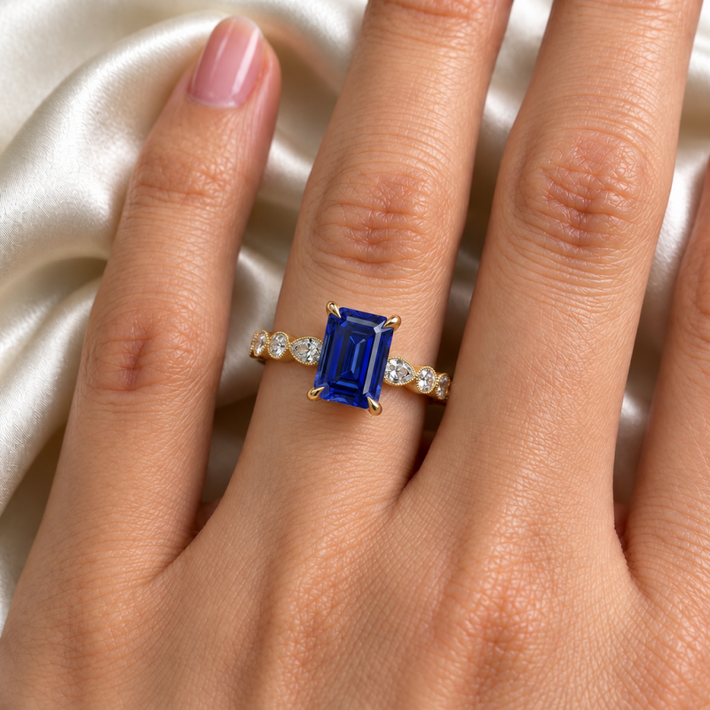 Emerald Cut Lab Grown Sapphire Hidden Halo Side Stone Engagement Ring - Image 5