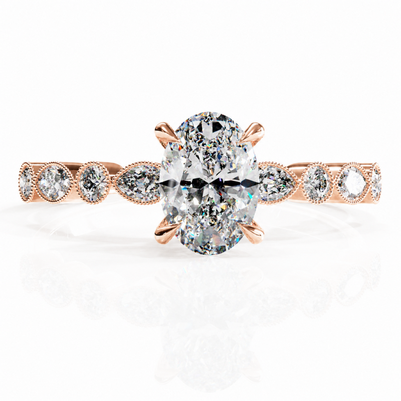 Oval Cut Moissanite Hidden Halo Side Stone Engagement Ring - Image 2