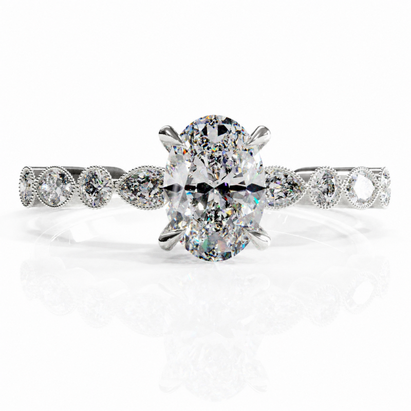 Oval Cut Moissanite Hidden Halo Side Stone Engagement Ring - Image 3