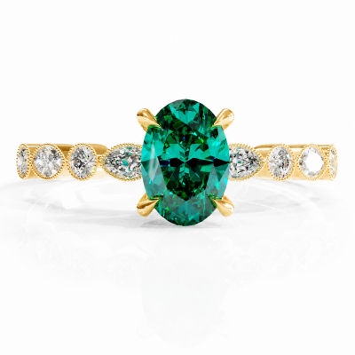 Oval Cut Lab Grown Emerald Hidden Halo Side Stone Engagement Ring