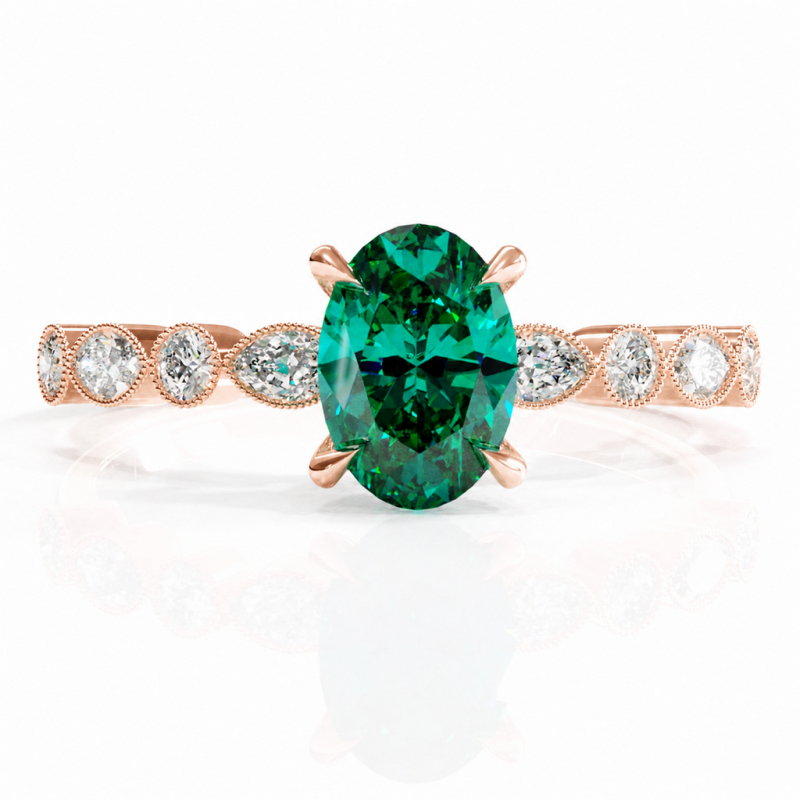 Oval Cut Lab Grown Emerald Hidden Halo Side Stone Engagement Ring - Image 2