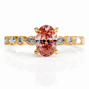 Oval Cut Lab Grown Morganite Hidden Halo Side Stone Engagement Ring