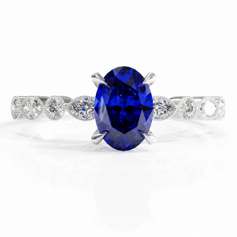 Oval Cut Lab Grown Sapphire Hidden Halo Side Stone Engagement Ring - Image 3