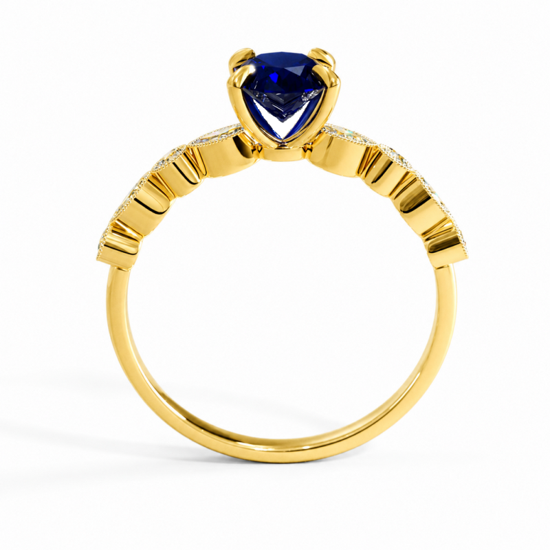 Oval Cut Lab Grown Sapphire Hidden Halo Side Stone Engagement Ring - Image 4