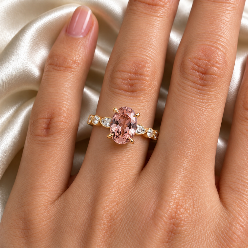Oval Cut Lab Grown Morganite Hidden Halo Side Stone Engagement Ring - Image 5