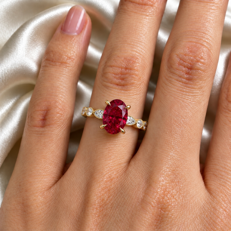 Oval Cut Lab Grown Ruby Hidden Halo Side Stone Engagement Ring - Image 5