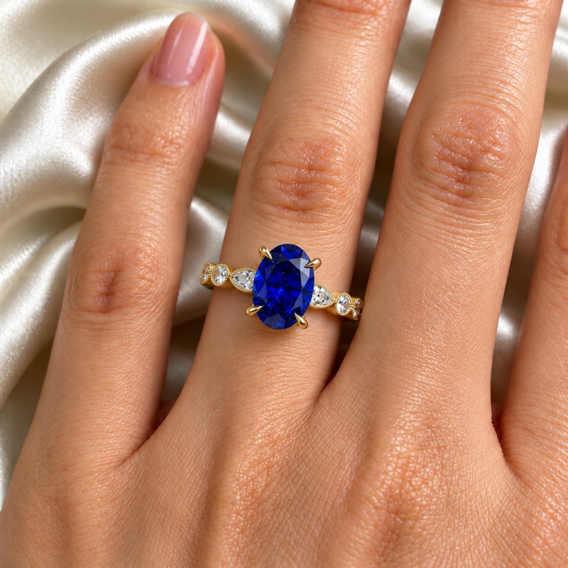 Oval Cut Lab Grown Sapphire Hidden Halo Side Stone Engagement Ring - Image 5
