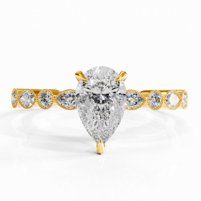 Pear Cut Moissanite Hidden Halo Side Stone Engagement Ring