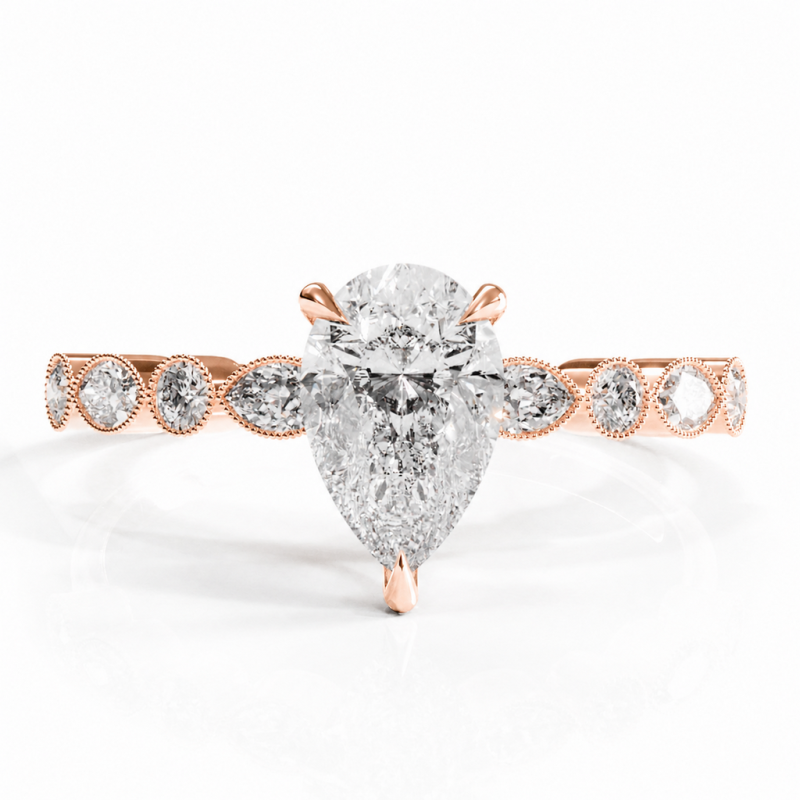 Pear Cut Moissanite Hidden Halo Side Stone Engagement Ring - Image 2