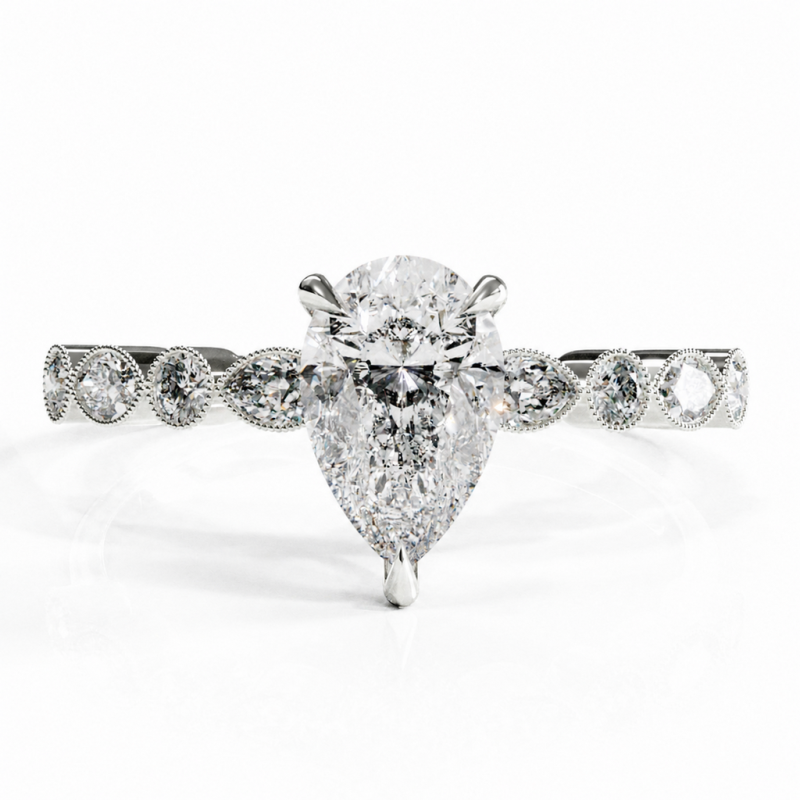 Pear Cut Moissanite Hidden Halo Side Stone Engagement Ring - Image 3