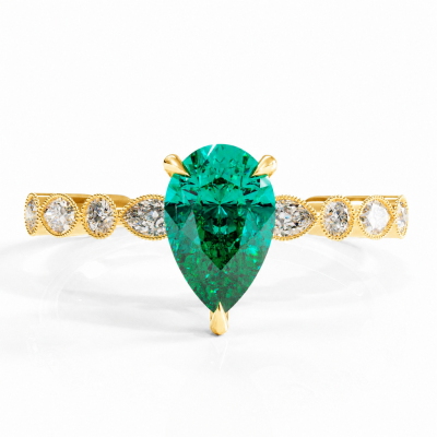 Pear Cut Lab Grown Emerald Hidden Halo Side Stone Engagement Ring