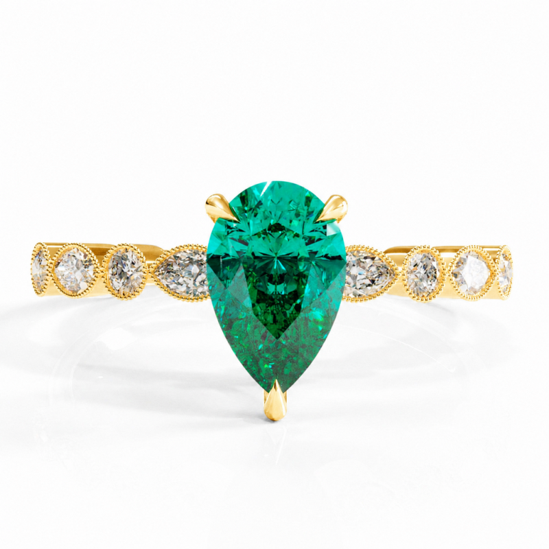 Pear Cut Lab Grown Emerald Hidden Halo Side Stone Engagement Ring - Image 1