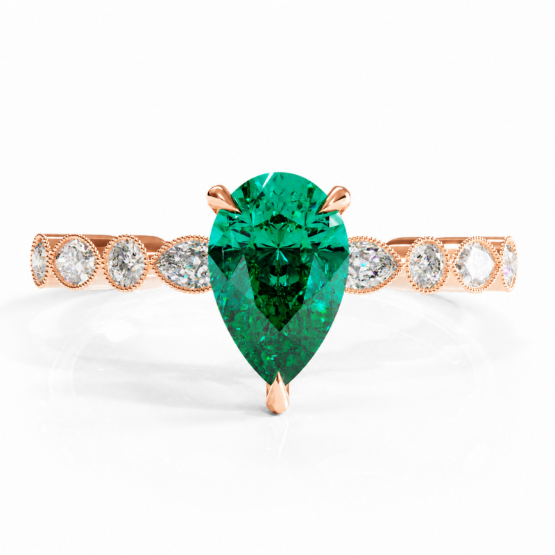 Pear Cut Lab Grown Emerald Hidden Halo Side Stone Engagement Ring - Image 2