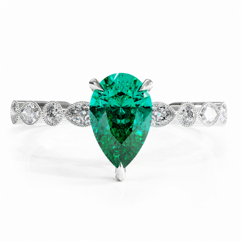 Pear Cut Lab Grown Emerald Hidden Halo Side Stone Engagement Ring - Image 3