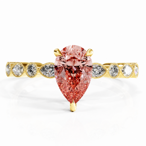 Pear Cut Lab Grown Morganite Hidden Halo Side Stone Engagement Ring