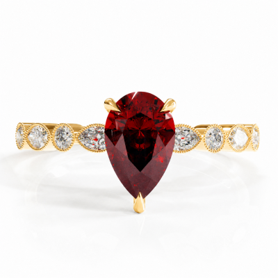 Pear Cut Lab Grown Ruby Hidden Halo Side Stone Engagement Ring