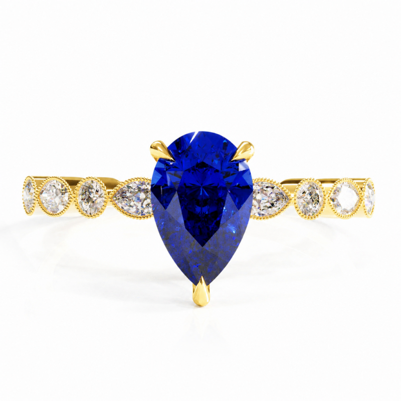 Pear Cut Lab Grown Sapphire Hidden Halo Side Stone Engagement Ring - Image 1
