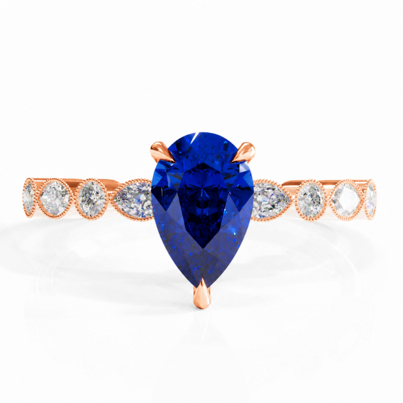 Pear Cut Lab Grown Sapphire Hidden Halo Side Stone Engagement Ring - Image 2