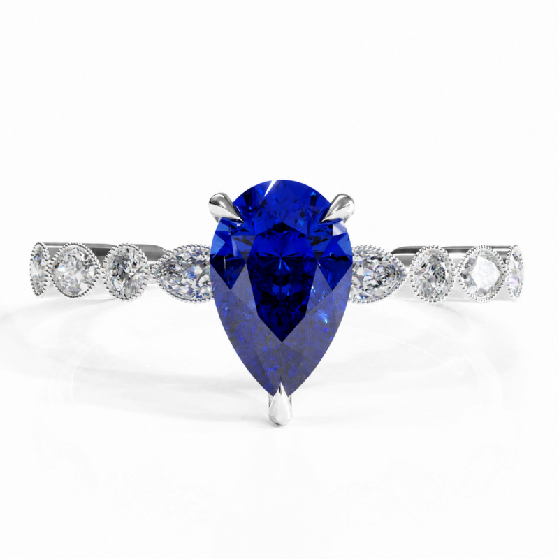 Pear Cut Lab Grown Sapphire Hidden Halo Side Stone Engagement Ring - Image 3