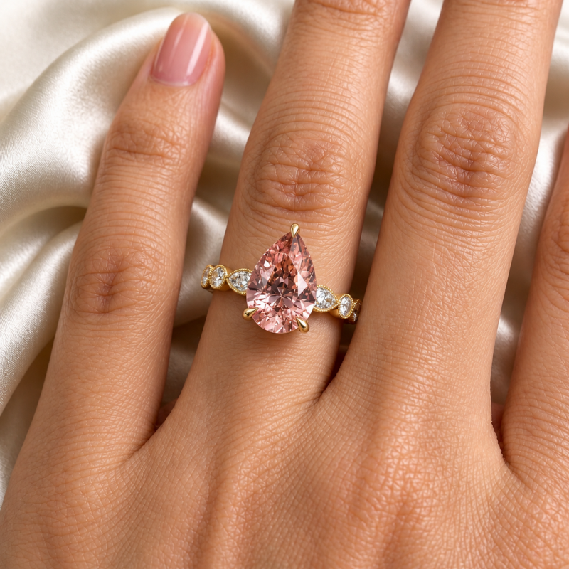 Pear Cut Lab Grown Morganite Hidden Halo Side Stone Engagement Ring - Image 5