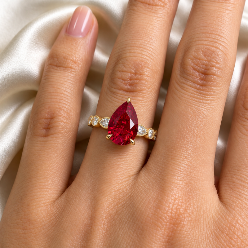 Pear Cut Lab Grown Ruby Hidden Halo Side Stone Engagement Ring - Image 5