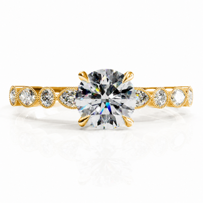 Round Cut Moissanite Hidden Halo Side Stone Engagement Ring