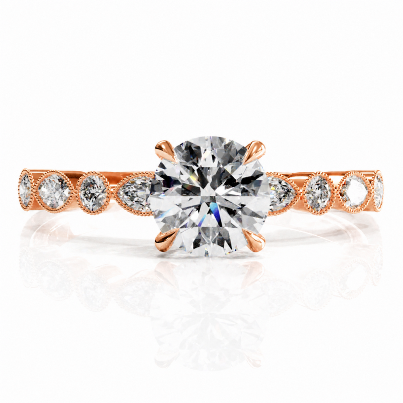 Round Cut Moissanite Hidden Halo Side Stone Engagement Ring - Image 2