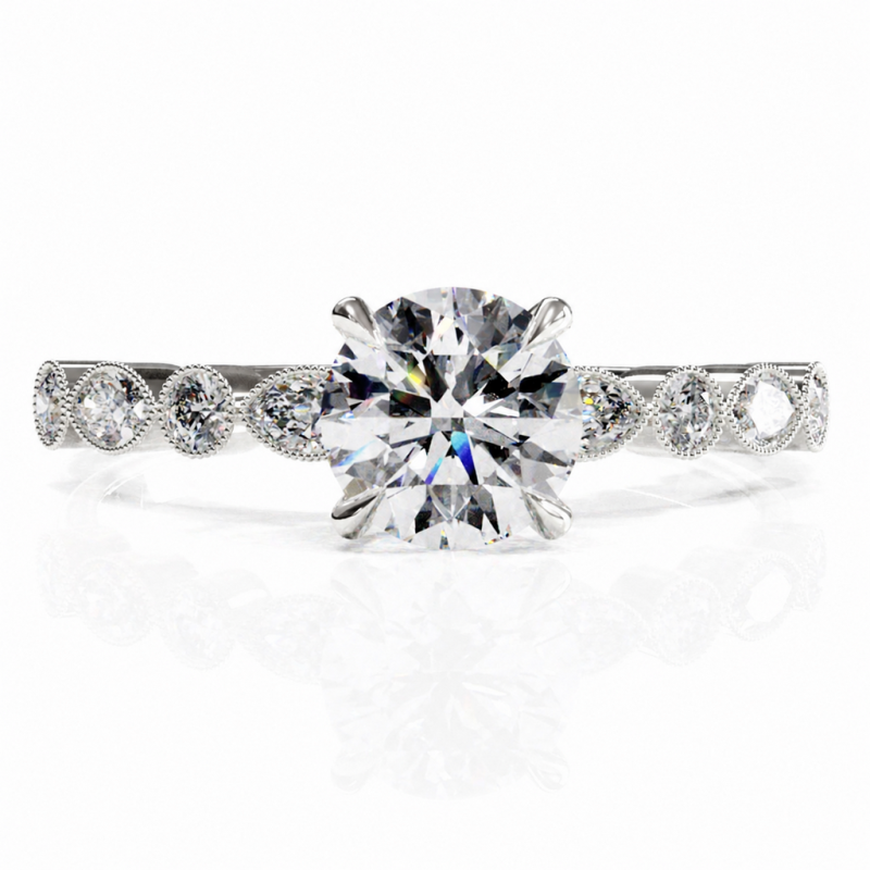 Round Cut Moissanite Hidden Halo Side Stone Engagement Ring - Image 3