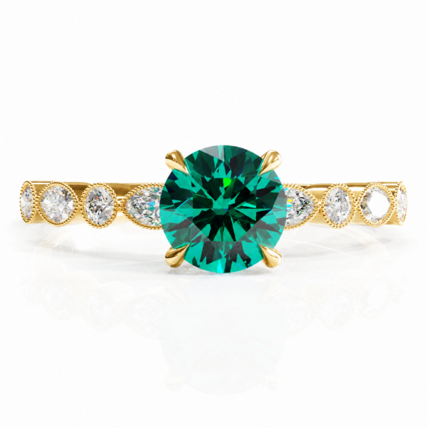 Round Cut Lab Grown Emerald Hidden Halo Side Stone Engagement Ring