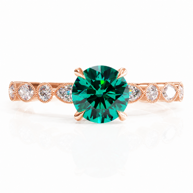Round Cut Lab Grown Emerald Hidden Halo Side Stone Engagement Ring - Image 2