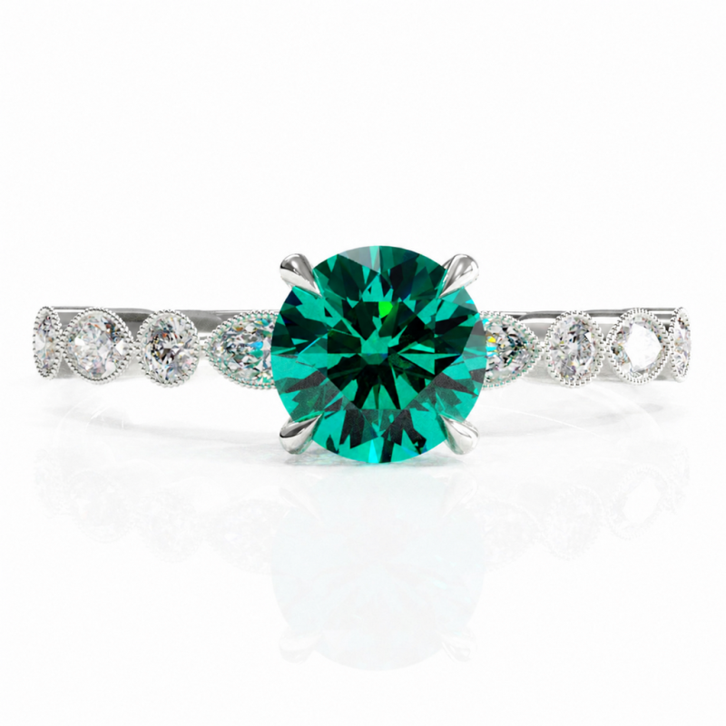 Round Cut Lab Grown Emerald Hidden Halo Side Stone Engagement Ring - Image 3