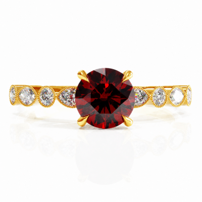Round Cut Lab Grown Ruby Hidden Halo Side Stone Engagement Ring