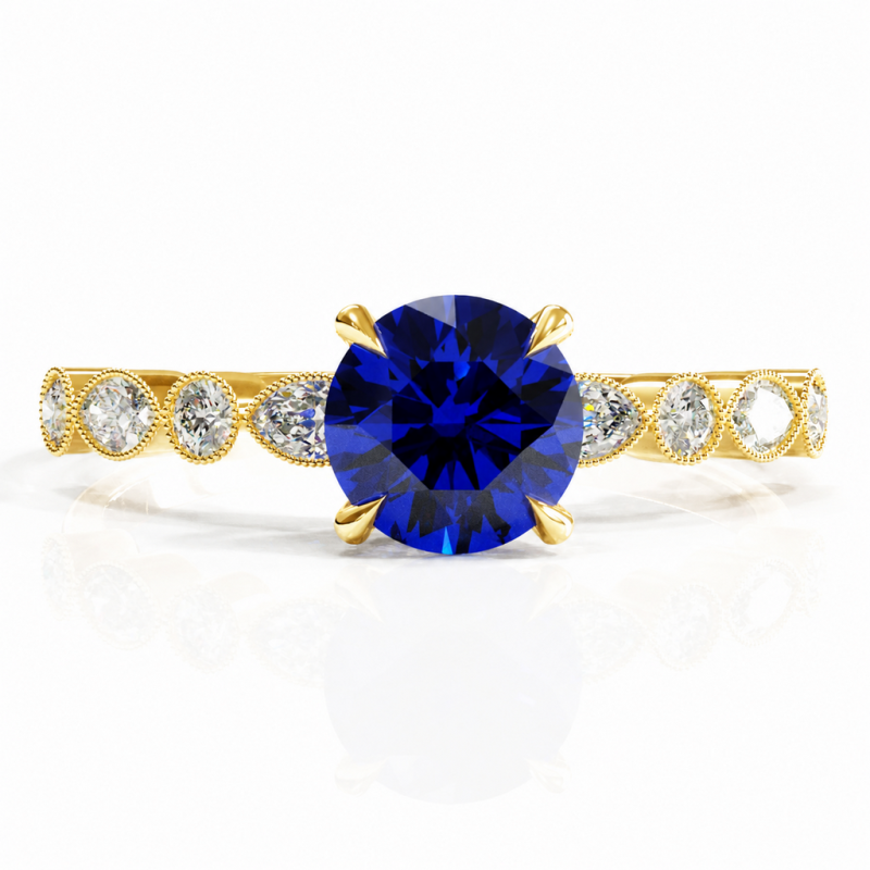 Round Cut Lab Grown Sapphire Hidden Halo Side Stone Engagement Ring - Image 1