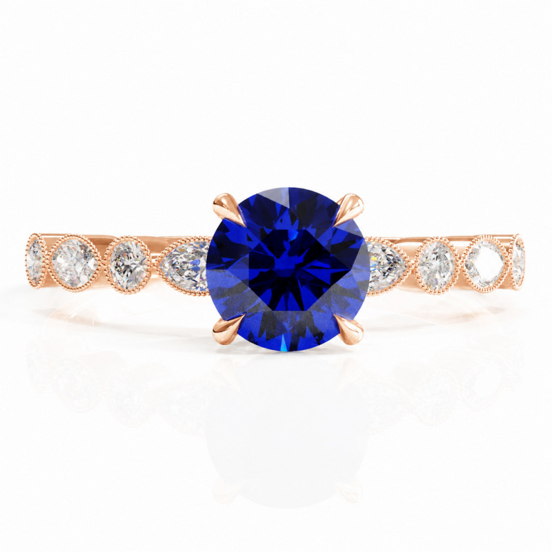 Round Cut Lab Grown Sapphire Hidden Halo Side Stone Engagement Ring - Image 2