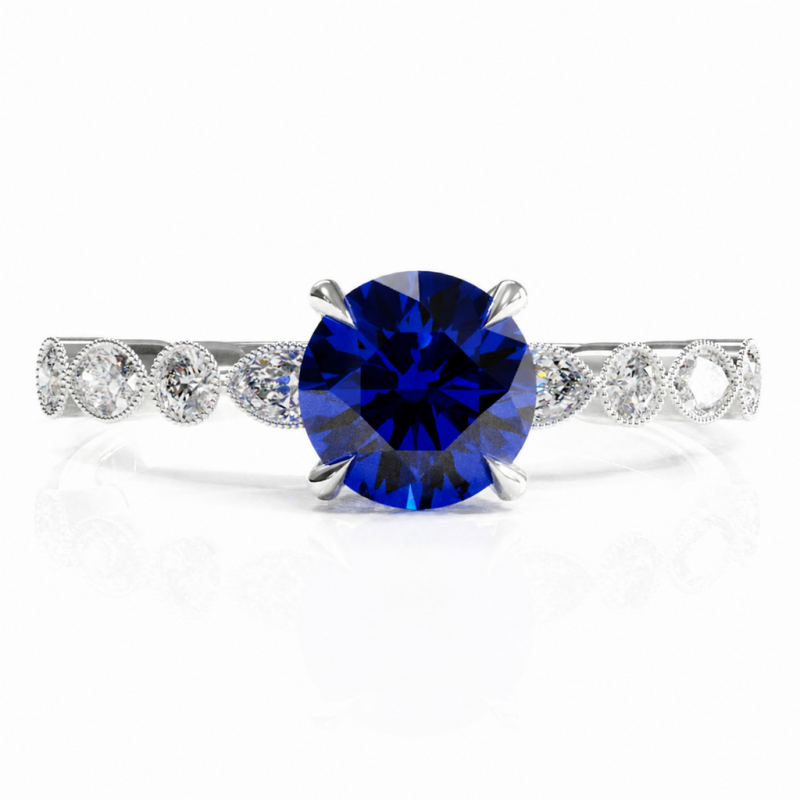 Round Cut Lab Grown Sapphire Hidden Halo Side Stone Engagement Ring - Image 3