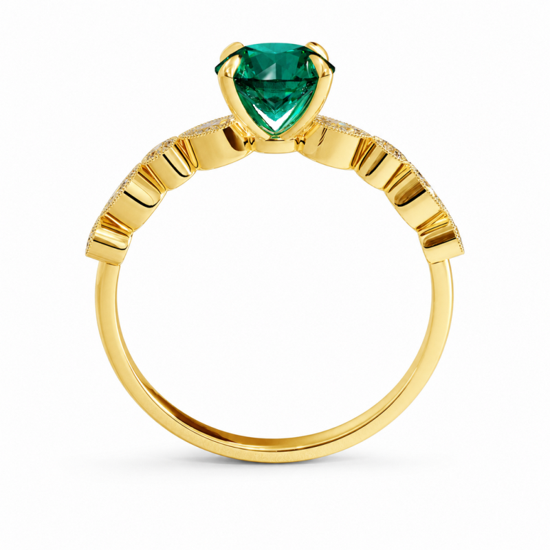 Round Cut Lab Grown Emerald Hidden Halo Side Stone Engagement Ring - Image 4