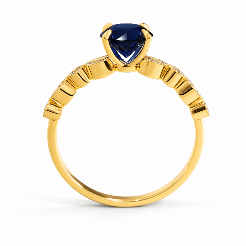 Round Cut Lab Grown Sapphire Hidden Halo Side Stone Engagement Ring - Image 4