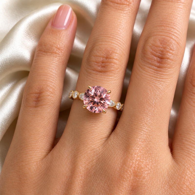 Round Cut Lab Grown Morganite Hidden Halo Side Stone Engagement Ring - Image 5