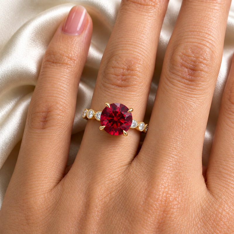 Round Cut Lab Grown Ruby Hidden Halo Side Stone Engagement Ring - Image 5