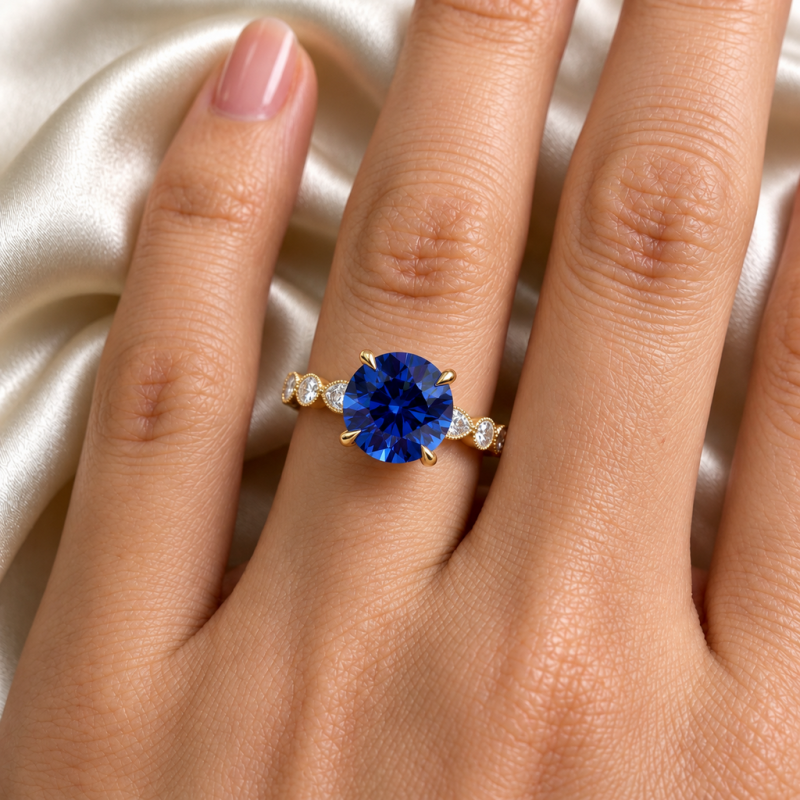 Round Cut Lab Grown Sapphire Hidden Halo Side Stone Engagement Ring - Image 5