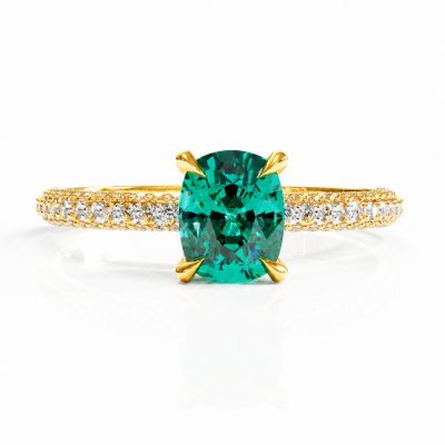 Elongated Cushion Cut Lab Grown Emerald Hidden Halo Pave Engagement Ring 