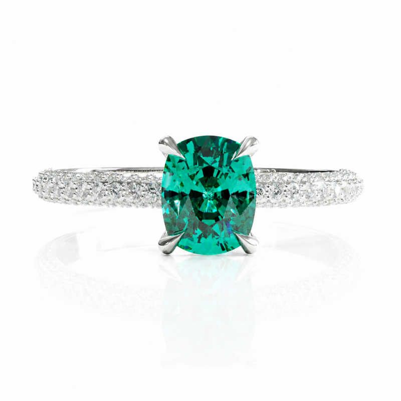 Elongated Cushion Cut Lab Grown Emerald Hidden Halo Pave Engagement Ring  - Image 3