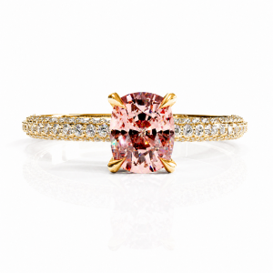 Elongated Cushion Cut Lab Grown Morganite Hidden Halo Pave Engagement Ring 