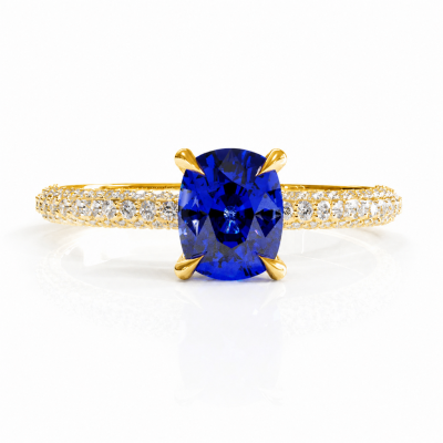 Elongated Cushion Cut Lab Grown Sapphire Hidden Halo Pave Engagement Ring 