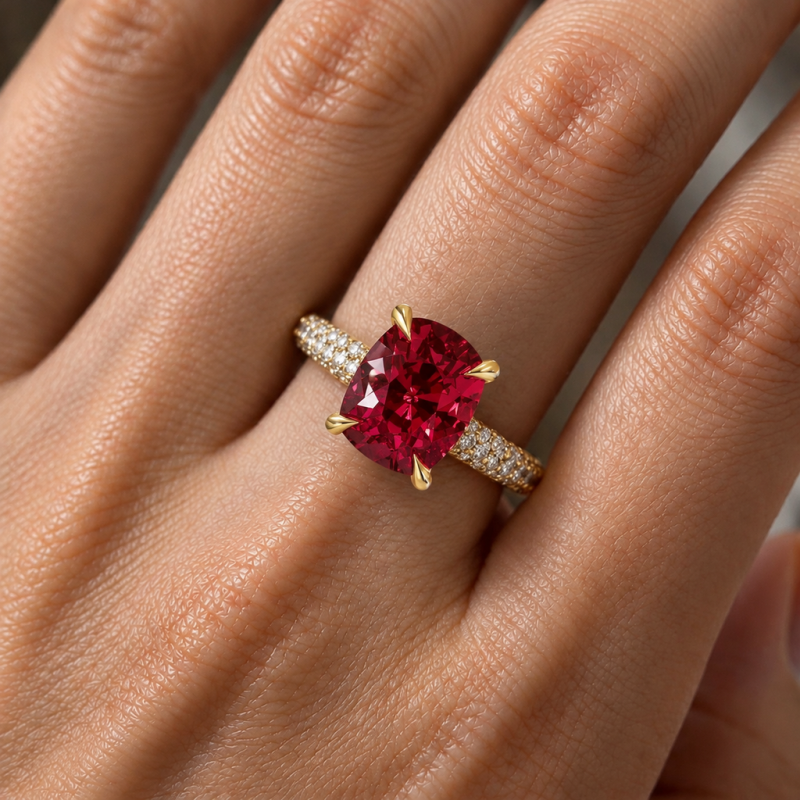 Elongated Cushion Cut Lab Grown Ruby Hidden Halo Pave Engagement Ring  - Image 5