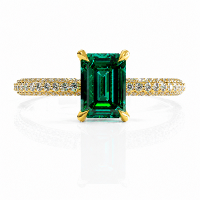 Emerald Cut Lab Grown Emerald Hidden Halo Pave Engagement Ring 